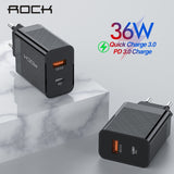 ROCK Fast Charger PD QC 3.0 QC 36W USB EU US Plug for iPhone X max 8 plus For Redmi Note 7 Mobile Phone Adapter
